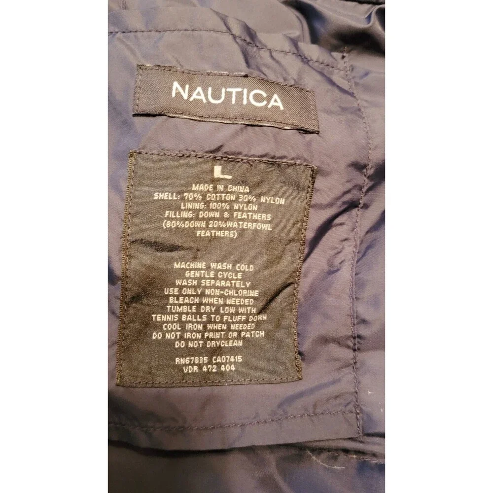 Vintage Nautica Down Puffer Coat Jacket Mens Size Large Red White Stripes Hooded